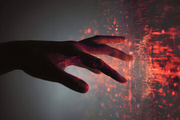 A human hand reaches out touching a glowing red digital grid of luminous data particles.