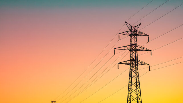 Silhouette of a power line tower against a gradient sky at sunset with visible power lines