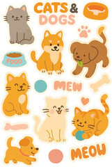 Cute Cartoon Cats and Dogs stickers Vector Designs set