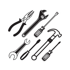 Naklejka premium Collection of hand tools including pliers wrenches screwdrivers and hammer