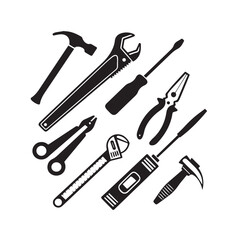 Fototapeta premium Collection of hand tools in silhouette style Vector Art