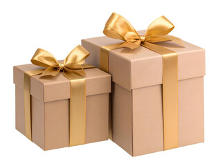 Obraz premium Two brown gift boxes with golden ribbon, isolated on a transparent background.