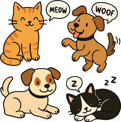 Cute Cartoon Cats and Dogs stickers Vector Designs set