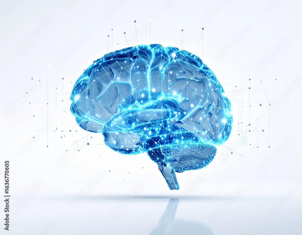 Poster abstract 3d rendering of a human brain, showcasing its complex neural network.