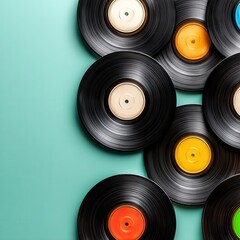 Colorful Vinyl Records on Teal Background