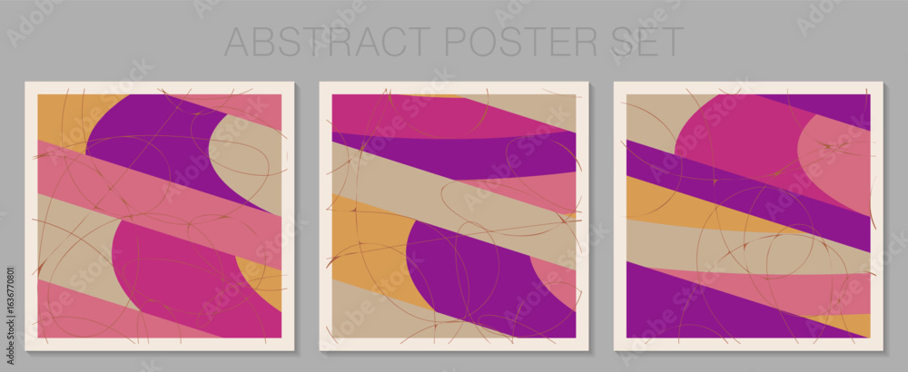 Aufkleber stylish trio of square abstract posters overlaid with spontaneous line work. the bold color blocks a