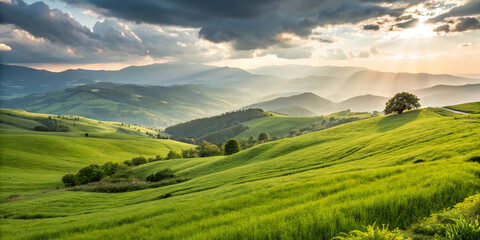 Fototapeta premium Scenic Rolling Green Hills Under Blue Sky.