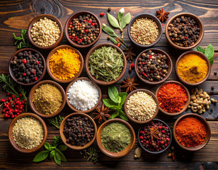 Photo of assorted dried spices and herbs on a dark rustic wooden surface