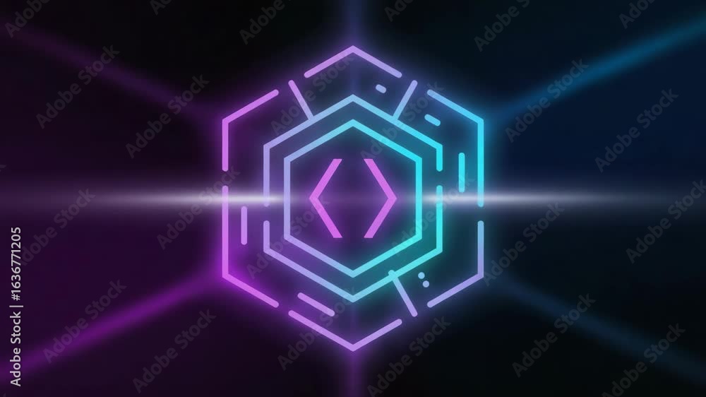 Poster glowing neon hexagon featuring programming brackets represents software development and coding, embo