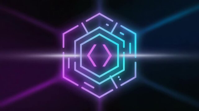 Glowing neon hexagon featuring programming brackets represents software development and coding, embodying futuristic technology within the vibrant digital landscape