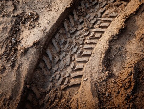 Wheel tracks in the sand close up. wheel tread mark on a dirt road. Tire prints on a wet brown sandy road. Top view