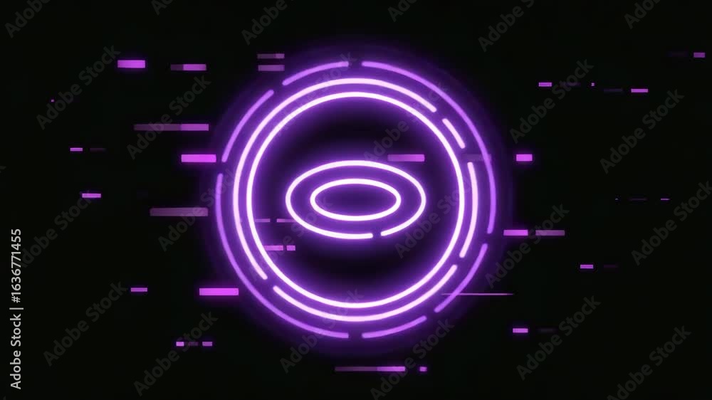 Poster purple neon light forming a circle and an oval shape with a glitch effect on a black background, cre