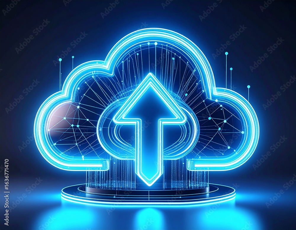 Poster a futuristic glowing blue neon icon representing cloud computing and data upload technology on a dar