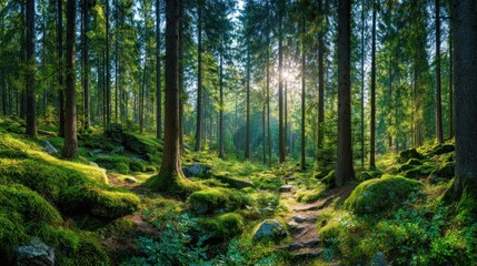 Sunlit forest path scene