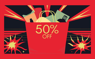 Explosive 50% off sale banner with vibrant shopping graphics