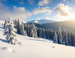 Fototapeta premium Photo of a snow-covered pine forest on a mountain slope