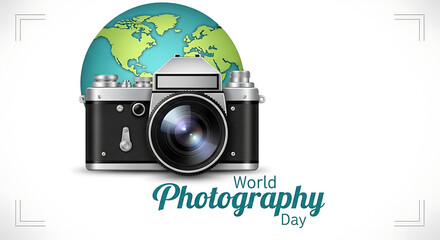 World photography day with camera and globe, isolated on white background