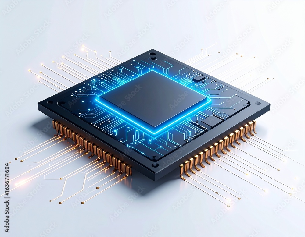 Poster a detailed close-up of a modern computer processor unit (cpu) with glowing blue circuitry and golden