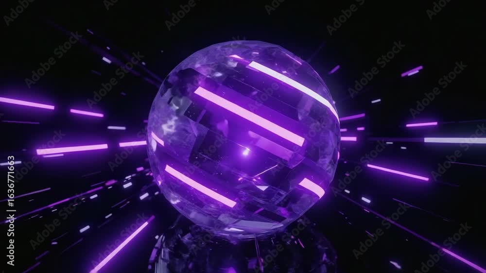 Aufkleber purple neon lights streak across a dark space, illuminating a rotating transparent sphere with glowi