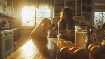 Morning sunlight spilling into a suburban kitchen as a mom pours coffee and kids pack backpacks for school, dog lying under the table, warm lighting, cozy family vibe, natural lens, golden hour light.