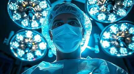 A surgeon during a medical procedure, as viewed from the patient on the operating table. A doctor performing a surgery - first person perspective. Low angle, mask, cap - operating room lights. Video - Powered by Adobe