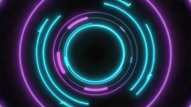 Glowing neon circles in vibrant teal and pink hues create a captivating tunnel effect against a dark background, providing ample copy space in the center for text or design elements