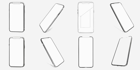 Multiple views of a modern smartphone with blank screen