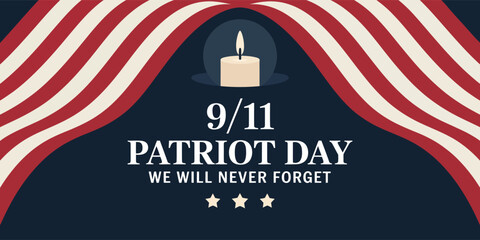 Naklejka premium 9.11 Patriot Day tribute illustration with candle flame, American flag stripes, and “We Will Never Forget” commemorative text on dark background