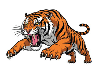Roaring Tiger in a Bold Pose: A striking tiger illustration in a fierce stance, radiating energy with an open mouth, sharp teeth, and piercing eyes, all captured in vivid detail.