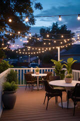 Obraz premium Warm and Inviting Evening Outdoor Dining Area with White Tables, Green Plants, and Soft Sky Colors