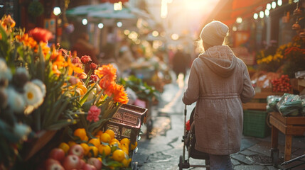 Mother pushing stroller through a farmera??s market, stalls full of fresh produce and flowers, relaxed weekend morning energy, sun flares, lifestyle magazine aesthetic.