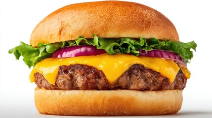 a hamburger with cheese and lettuce on a bun