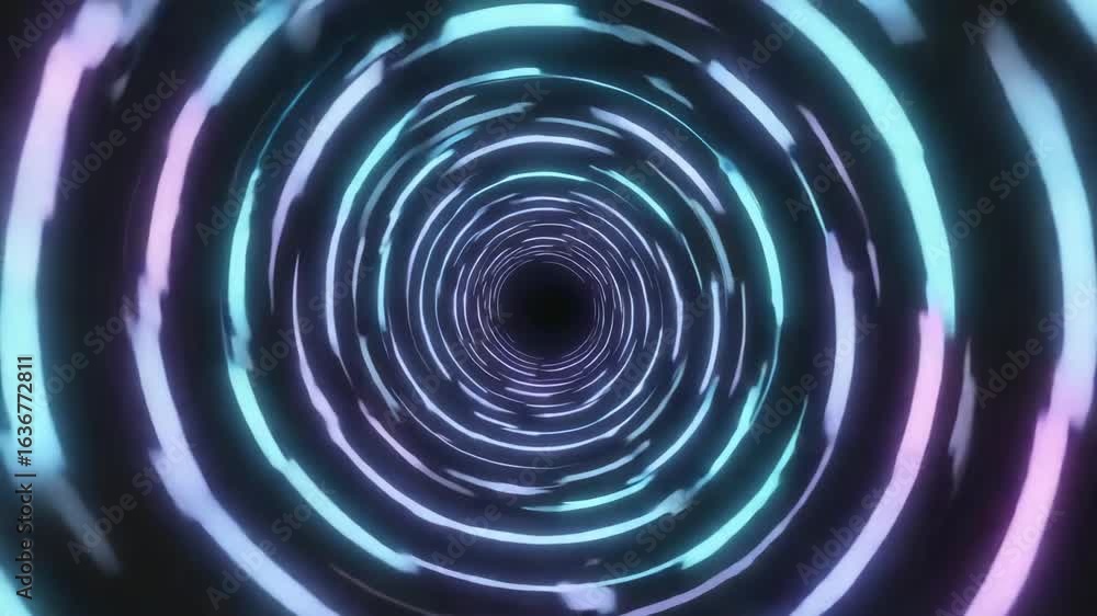 Poster bright neon circles are rotating and creating a tunnel effect with light trails, suggesting a futuri