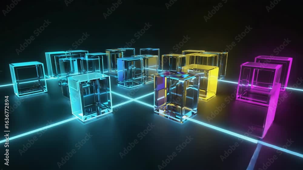 Aufkleber groups of colorful, glowing cubes arranged on a grid intersected by vibrant neon lines, forming a ca