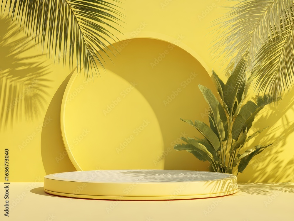 Poster yellow wall background with effect and shadows from palm leaves. minimal summer concept with podium 