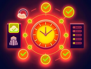 Time Management System Clock Cloud Checkmarks Neon Interface