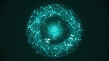 Glowing plexus sphere rotating on dark background, showing futuristic data flow with digital binary code and plexus connections, perfect for technology, communication and internet concepts - Powered by Adobe