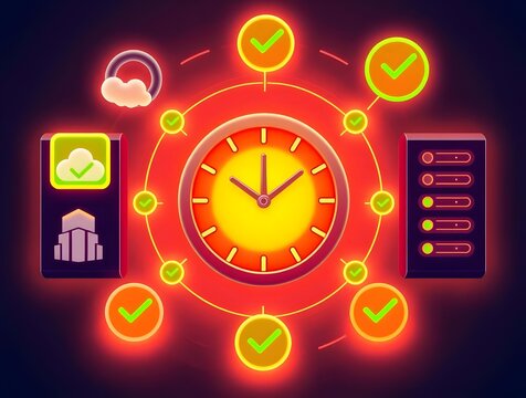 Time Management System Clock Cloud Checkmarks Neon Interface
