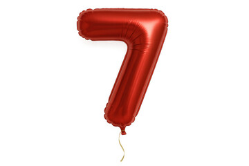 Red foil balloon number seven floating with transparent background