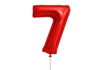 Red foil balloon number seven floating with string on transparent background