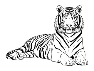 Majestic Tiger Resting: A detailed, monochrome depiction of a serene tiger in a relaxed pose, its piercing gaze captivating viewers.