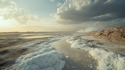 Salt flats landscape at sunset with dramatic clouds.