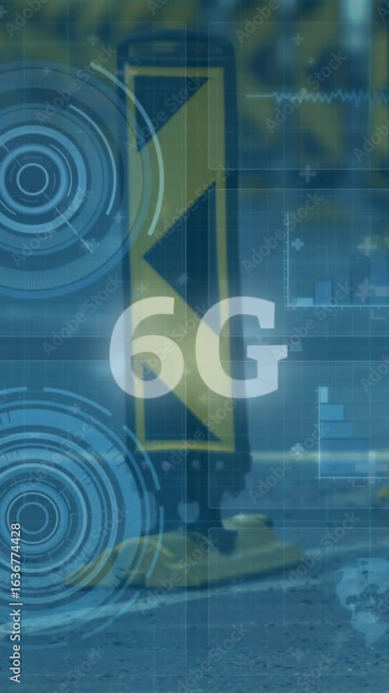 Poster animation of 6g text, data processing and scopes scanning on screens over busy road