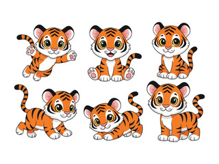 Playful Tiger Cub Collection: A delightful collection of adorable tiger cubs, showcasing their playful charm with endearing poses and vibrant colors, captured in an engaging illustration.
