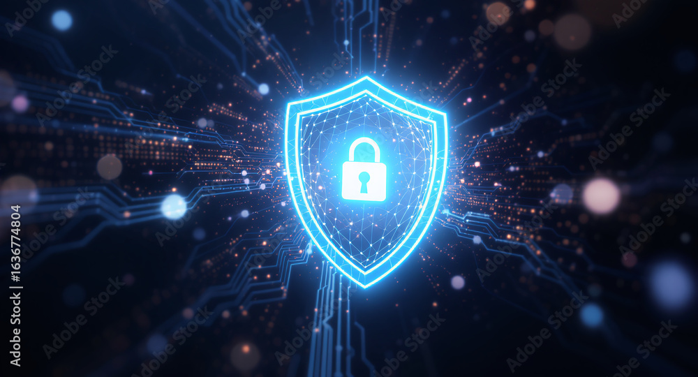 Poster shield icon on secure global network representing cyber security and information protection, advance