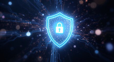 Shield icon on secure global network representing cyber security and information protection, advanced technology concept for business and internet marketing, ensuring data safety and digital defense 