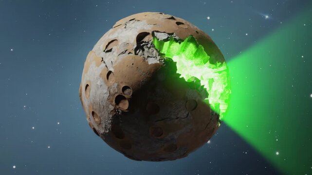 Glowing green kryptonite core emerging from the depths of an exploding planet, surrounded by a vibrant galaxy and countless stars in the vastness of deep space