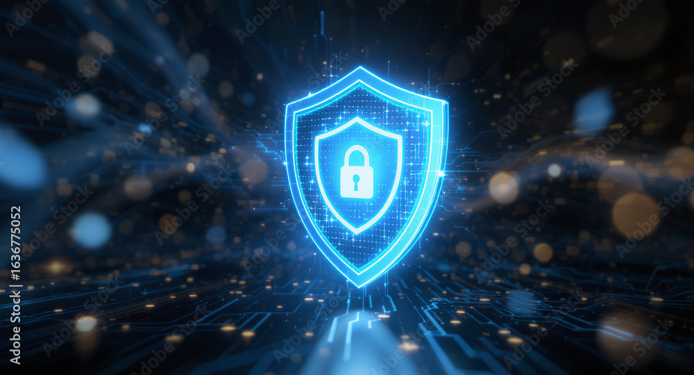 Poster shield icon on secure global network representing cyber security and information protection, advance