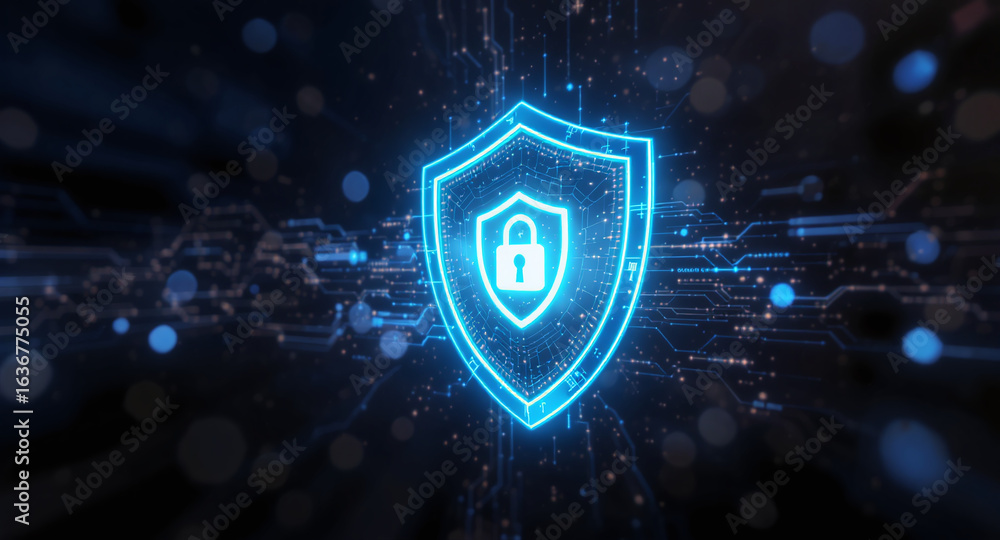 Poster shield icon on secure global network representing cyber security and information protection, advance