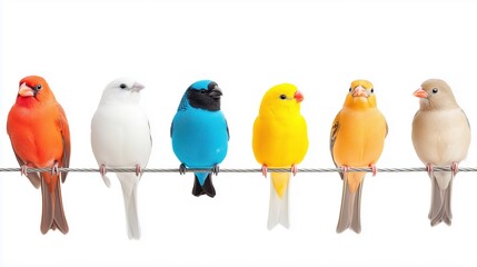 Naklejka premium Colorful birds sitting on wire isolated on white
